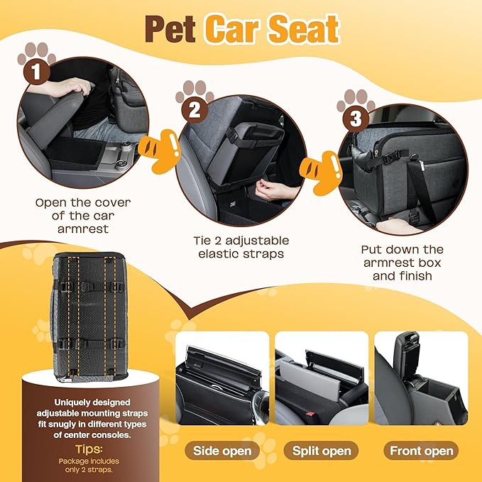 YUDODO Center Console Dog Car Seat, Anti-Slip Pet Cat Booster Seat for Small Dogs, Portable Puppy Bed Carseat Carrier PU Leather Gray