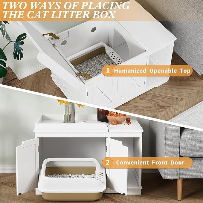 Flip Top Cat Litter Boxes Enclosure Covered Litter Box Hidden Furniture Wooden Cat Washroom Cabinet for Kitty, Medium and Large Cat White
