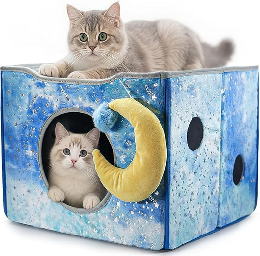 CWV Cat Houses for Indoor Cats, Cute Cat Cave Bed with Scratch Pad, Foldable Cat Cube for Multiple Large Cats, 17X17x13inch, Star Design