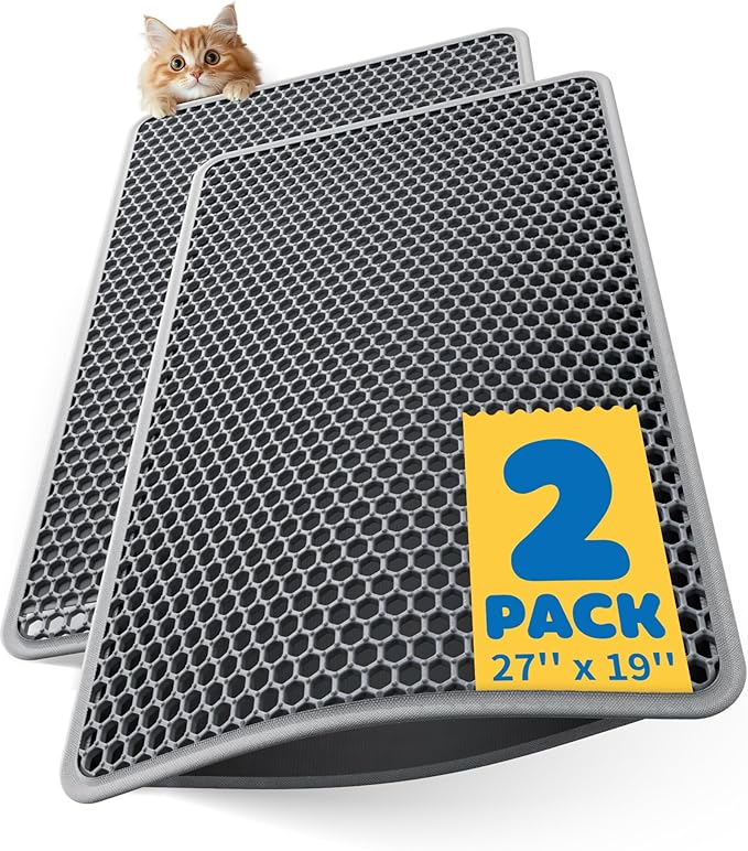 27" x 19" Cat Litter Mats (2-Pack) - Ultra-Large Litter Box Mats with Double Layers, Urine-Proof and Non-Slip Litter Trapping Mats, Easy to Clean Kitty Litter Mats for Floor, Scatter Control, Grey