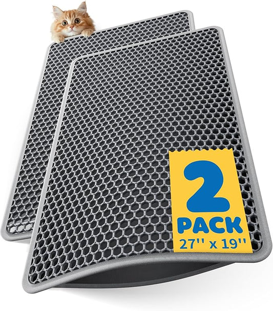 27" x 19" Cat Litter Mats (2-Pack) - Ultra-Large Litter Box Mats with Double Layers, Urine-Proof and Non-Slip Litter Trapping Mats, Easy to Clean Kitty Litter Mats for Floor, Scatter Control, Grey