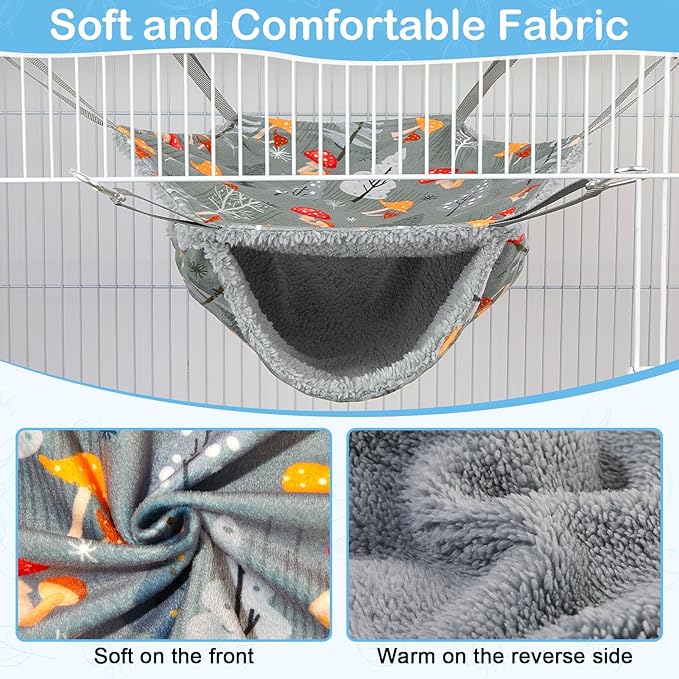 Bienbee 2 Pcs Ferret Rat Hammock Set for Cage Washable Guinea Pig Hideout Bed Soft Small Animal Hammock Tunnel Toys Ferret Cage Accessories for Hedgehog Sugar Glider Squirrel Hamster, Grey Mushroom