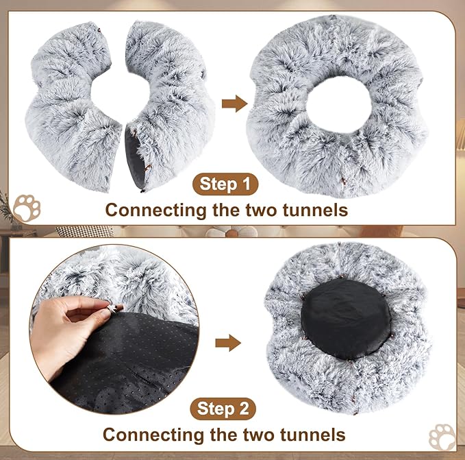 Cat Tunnels for Indoor Cats, Under Christmas Tree Grey Cat Tunnel Donut with Washable Circle Cushion for Cats, Pet Peekbaboo Cave Cat Tunnel Bed for Kitten