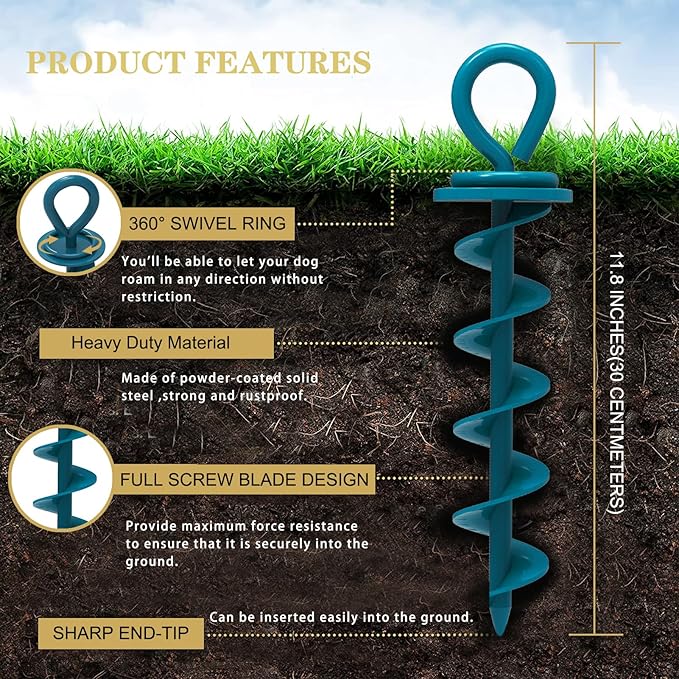 Eurmax USA Heavy Duty Dog Tie Out Stake for Large Dogs up to 210 lbs,Dog Stakes Outside,Ground Anchor for Dog Leash,Runner Cable,Trampoline Stakes(2,Medium,Navy Blue)