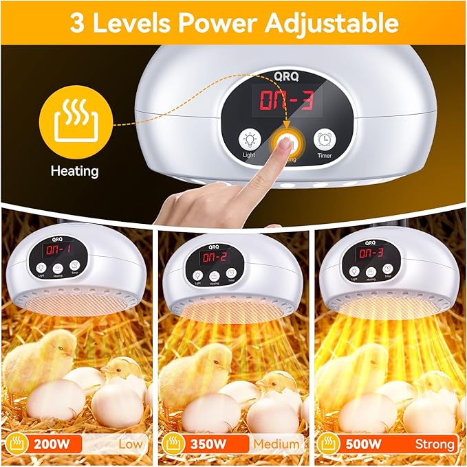 QRQ Chicken Coop Heater, 200W-350W-500W Reptile Heat Lamp Upgraded with UVA UVB Light 3-6-9-12H Timer, Chicken House Dog House Greenhouse Heater Outdoor,for Dog Cats Reptile Bird (White)