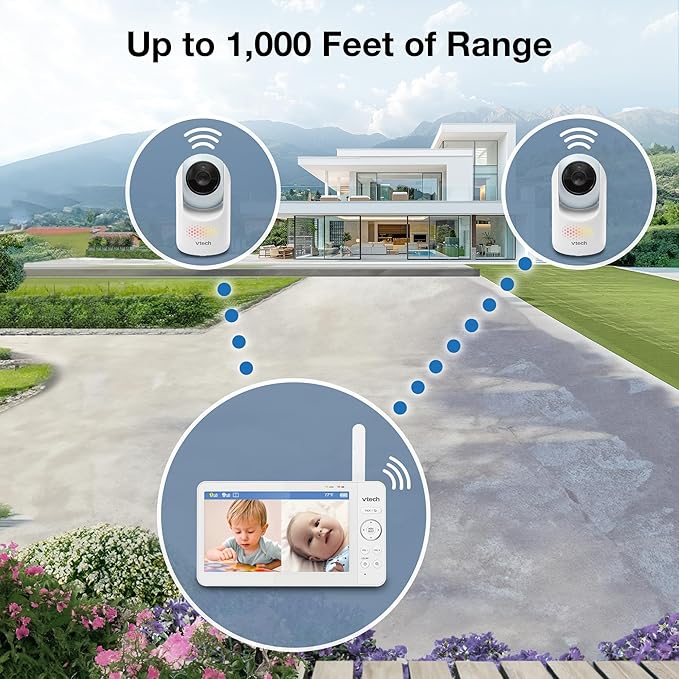 VTech 2-Cameras Video Baby Monitor with 7" Color LCD Screen, Rechargeable Battery, Video and Audio Streaming, Pan-Tilt-Zoom, Touch Multi-Color Night Light, Two-Way Talk: Advanced Max Twin (Blue)