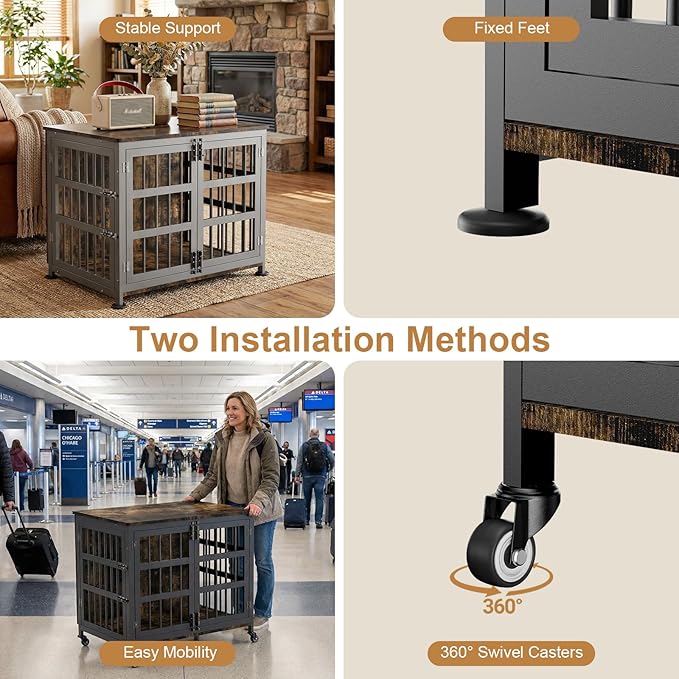 33" Dog Crate Furniture for Medium & Small Dogs with Wheels, Heavy Duty Dog Cage, Indoor Puppy Crate, Wooden Dog Kennel Table, 32.7" L x 22.8" W x 25.2" H, Decorate House as End Table — Rustic Brown