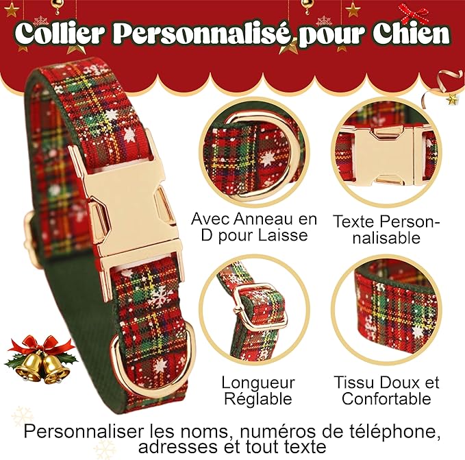 Christmas Personalized Dog Collar with Metal Buckle, Christmas Collar Customized with Name and Phone Number, Adjustable Sizes for Small Dogs, Medium, and Large