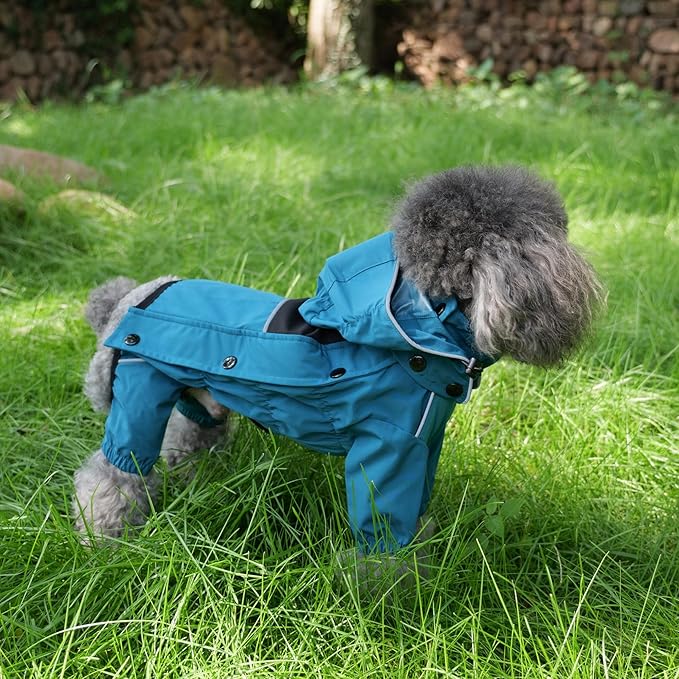 LOVELONGLONG Waterproof Dog Raincoat with Removable Hood – Outdoor Full Body Dog Jacket, Windproof Snowproof Shell Suit – All Season Pet Rain Gear Ocean Teal 4XL