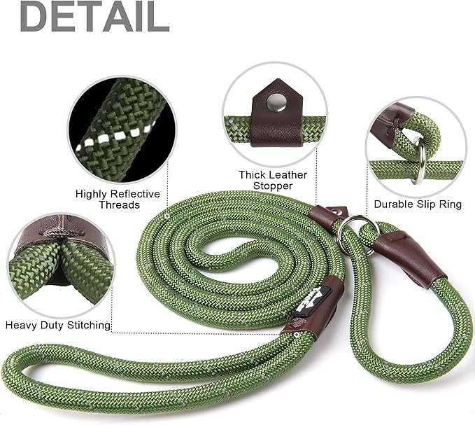 TwoEar Dog Slip Rope Leash - 6FT Heavy Duty Training Leash with Reflective Threads for Small to Large Dogs (Slim, 3/8''x6ft, Green)