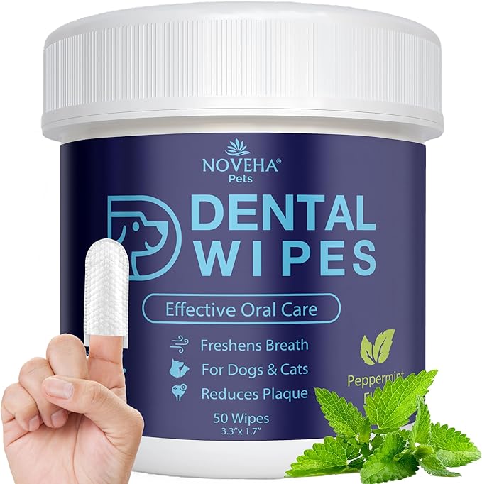 NOVEHA 50PCs Pets Dental Finger Wipes for Dogs & Cats | Freshens Breath, Reduces Plaque | Healthier Gums | Clean Teeth No Toothbrush | Vet Recommended Effective Natural Oral Care | Mint Flavor