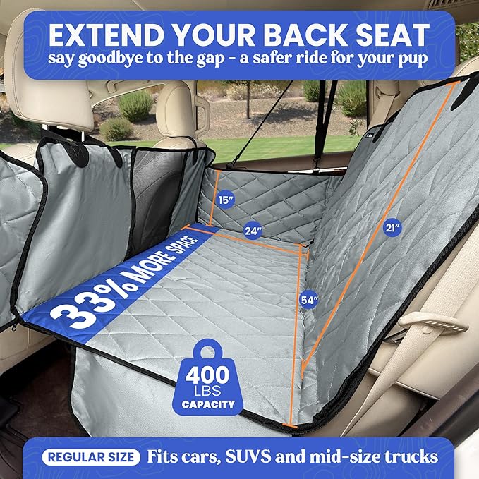 4Knines Hard Bottom Back Seat Extender for Dogs – Waterproof Dog Car Seat Cover – Heavy Duty Backseat Protector for Cars, SUVs, Trucks – Built-in EZ Open Door Protector (Patent Pending) Grey, Regular