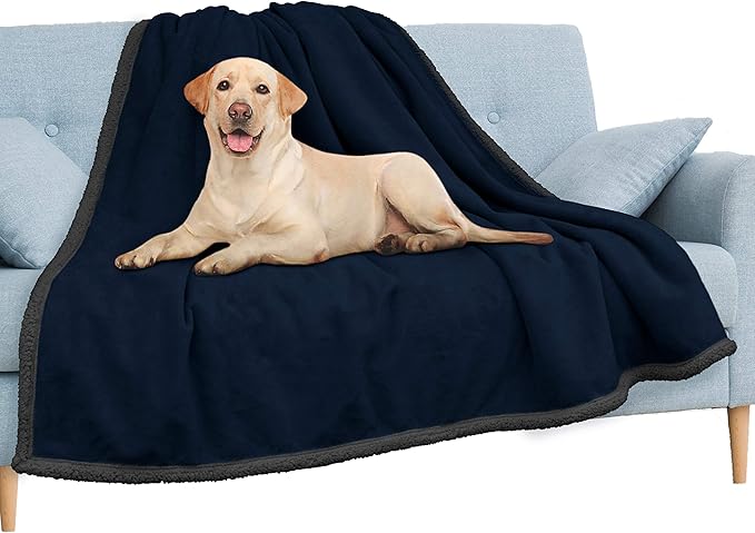 PAVILIA Waterproof Blanket Throw Navy Grey Queen,Waterproof Pet Blanket for Dog Couch Protection,Leak Proof Sherpa Fleece Blanket for Bed Sofa,Liquid Resistant Large Plush Throw,90x90 Inches