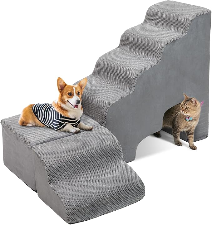 A.FATI Dog Stairs for High Beds up to 30-36 Inch, 6 Tiers Dog Steps, Pet Stairs Adjust to Left Side of Bed, Non-Slip Dog Ramp for Small Dogs and Old Pets