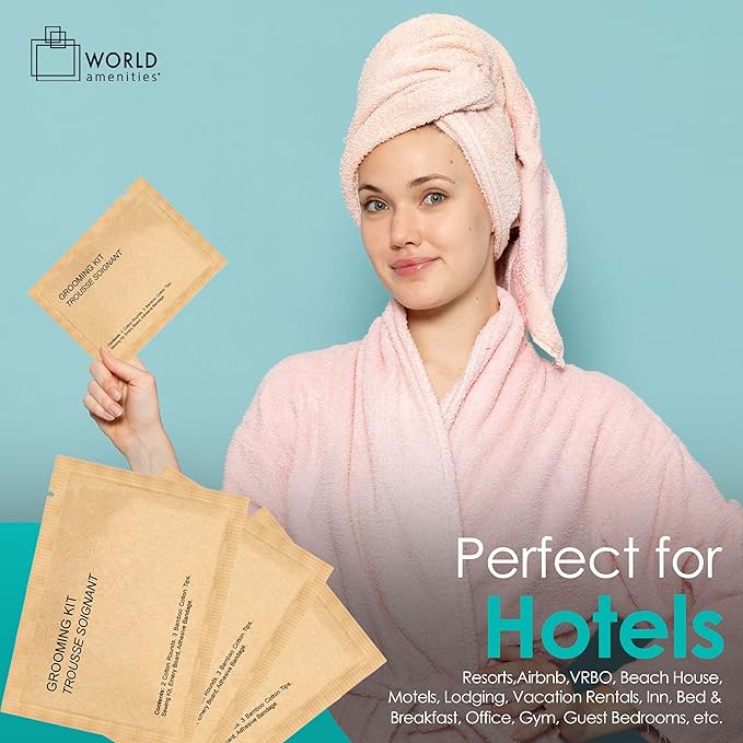 World Amenities Kraft Paper Grooming Kit - Travel Size Toiletries - Cotton Rounds, Bamboo Cotton Tips, Sewing Kit, Emery Board (100 Pack)