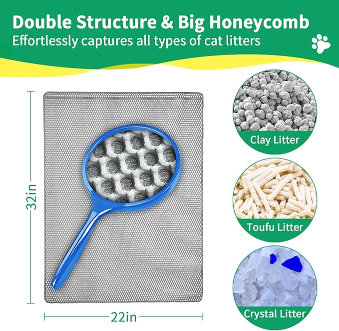 GRELY Cat Litter Mat, 32"x22" Litter Box Trapping Mat for Indoor Cat, 2 Layer Non-Slip Waterproof Urine Proof Collapsible Kitty Pet Rug