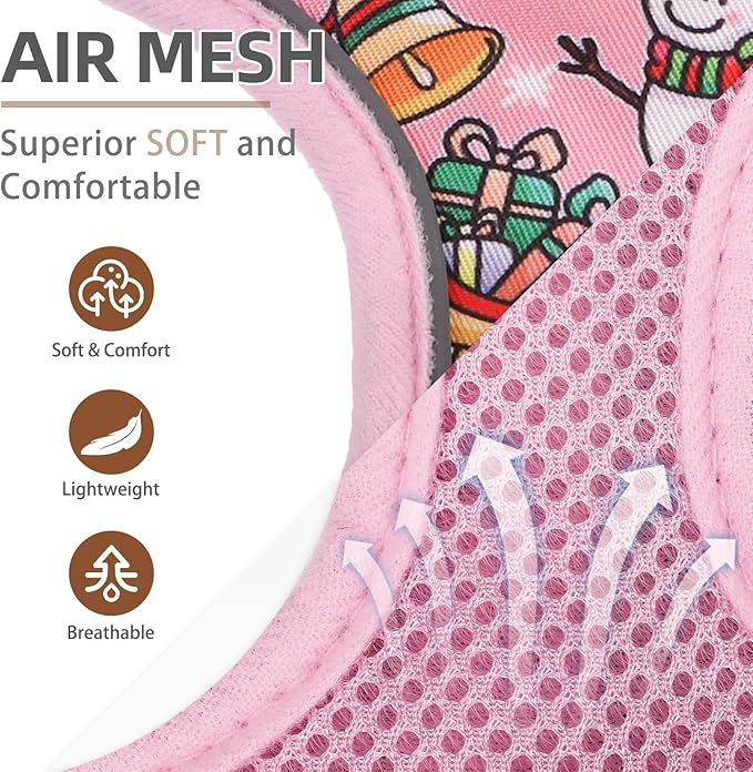 PUPTECK Soft Mesh Christmas Dog Harness and Leash Set Pet Puppy Cat Comfort Padded Vest No Pull Harnesses, Bright Pink, M