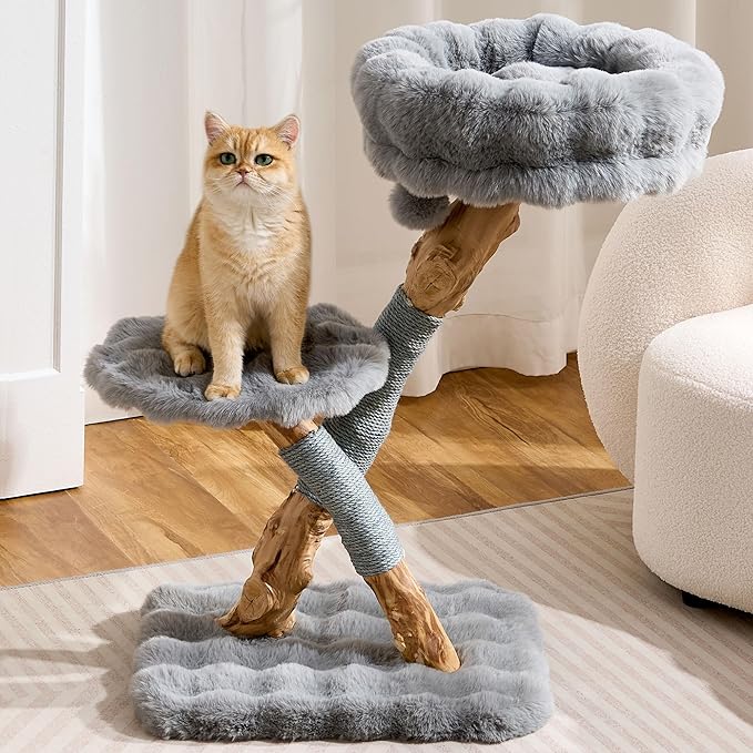 Solid Wood Cat Tree, Modern Cat Tree Tower for Large Indoor Cats, Natural Real Pear Wooden Aesthetic Cat Condo with Scratching Post for Adult Kittens-Grey