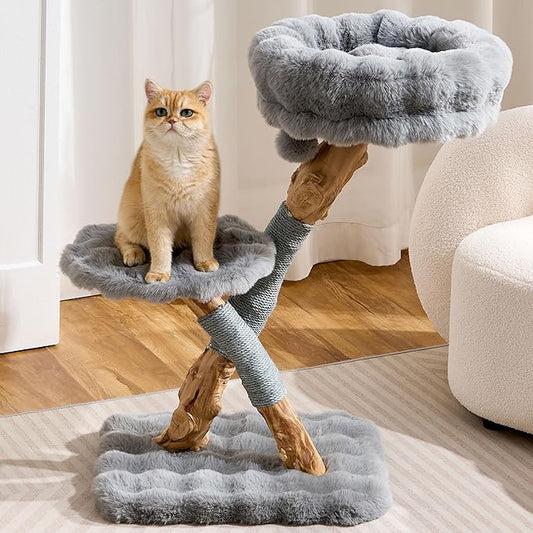 Solid Wood Cat Tree, Modern Cat Tree Tower for Large Indoor Cats, Natural Real Pear Wooden Aesthetic Cat Condo with Scratching Post for Adult Kittens-Grey