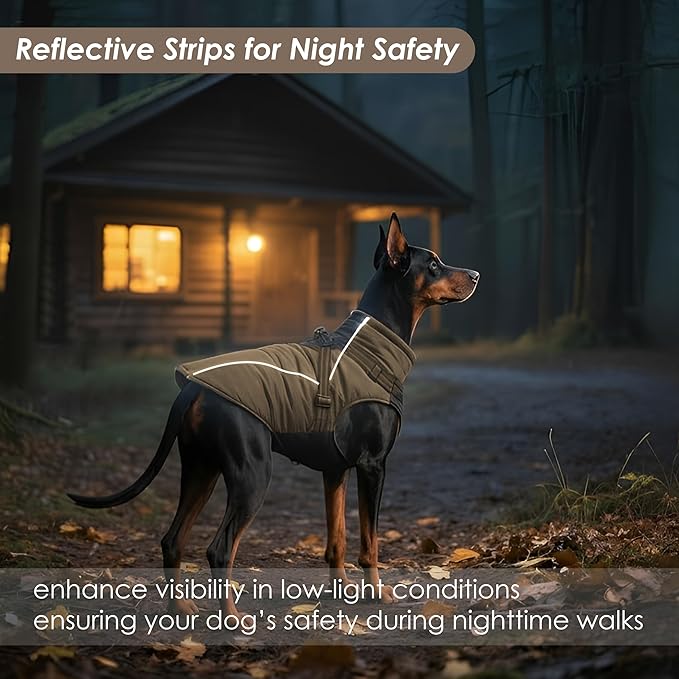 ASENKU Reflective Dog Coat with Built-in Harness, Windproof Fleece-Lined Dog Jacket for Small, Medium, Large Dogs, Warm Winter Vest with Turtleneck & Zipper (Khaki 3XL)