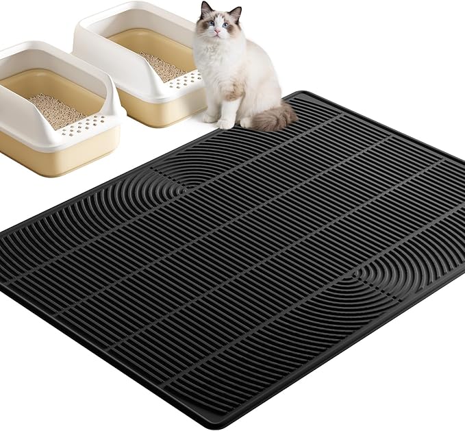 TRZZ XXL Extra Large Cat Litter Mat, Silicone Litter Box Mat for Floor, Waterproof & Non-Slip, Easy to Clean, Cat Litter Trapping Mat & Kitty Litter Catcher for Scatter Control (Black)
