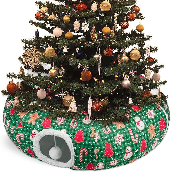 Cat Tunnel Christmas Tree Skirt Cat Tunnel Bed for Indoor Cats Play Donut Tunnel Toys S Shape for Rabbit Ferret (Green)