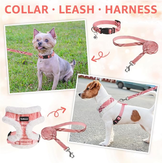 SCENEREAL Small Dog Harness Collar and Leash Set, Mesh Plush No Pull Puppy Vest Harness, Warm Fleece No Chock Step in Small Pet Halter for Outdoor Walking Training, Pink Plaid S
