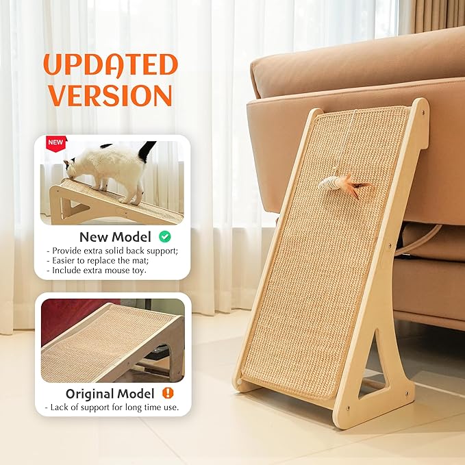PETKARAY Cat Scratcher, Sisal Cat Scratching Ramp, L Shape Scratch Pad for Indoor Kitty, 27" Wall Furniture Protector with Mouse Toy