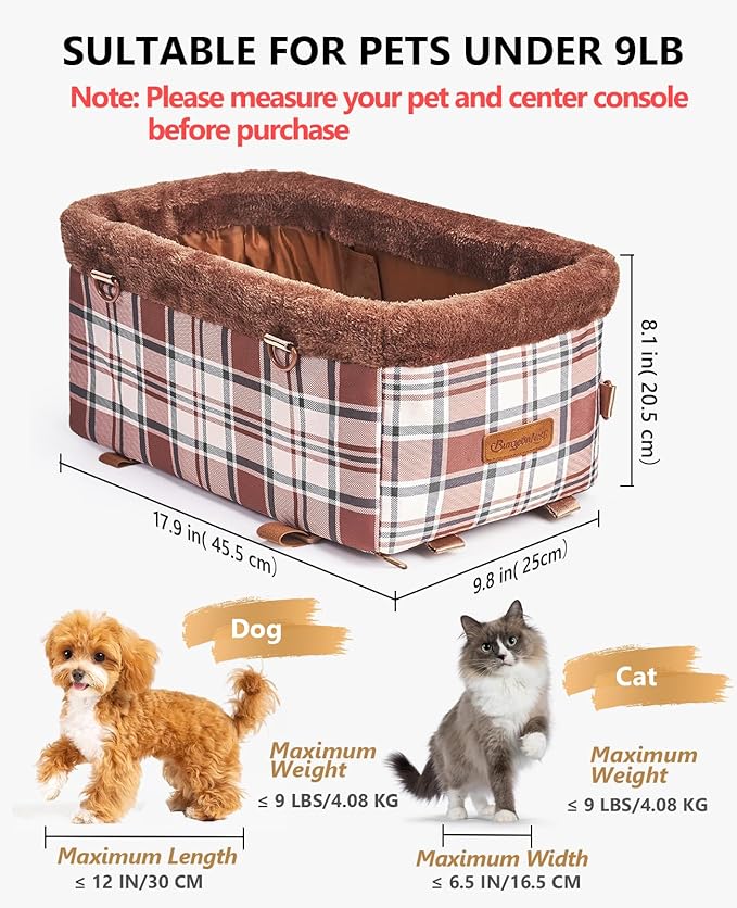 Center Console Dog Car Seat, Puppy Carseat for Small Dogs, Cat Car Seat with Metal Frame and Double Protection Seat Belts, Pet Booster Seat with Washable Cushion and Clip-on Leash Cute Plaid