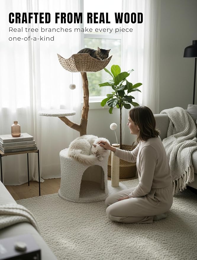 Real Wood Modern Cat Tree Tower for Indoor Cats – Multi-Level Stylish Cat Condo with Woven Basket, Plush Cushions, Scratching Post, Cave & Toys, White