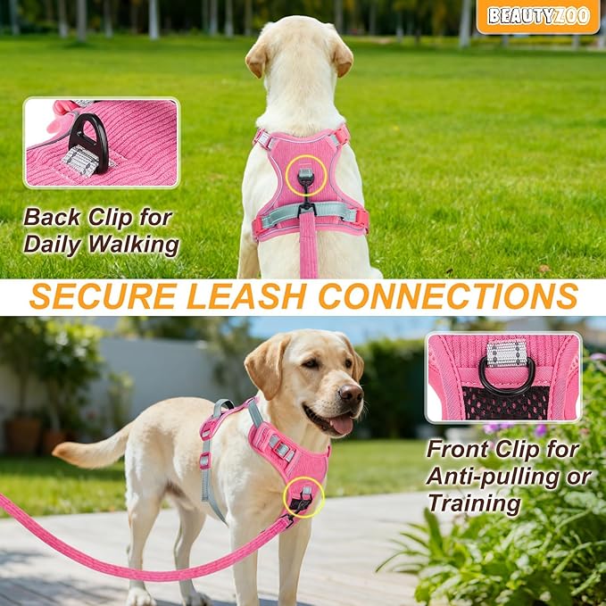 BEAUTYZOO No Pull Dog Harness Large, Adjustable Dog Harness and Leash Set -Easy Wearing with 3 Buckles/Control Handle,No Choke Soft Padded Reflective Pet Vest for Training Walking Hiking,Rose S