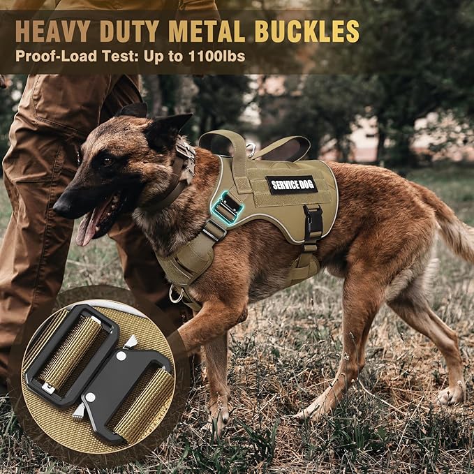 WINSEE Tactical Dog Harness for Medium Dog, Heavy Duty Service Working MOLLE Vest with 10 Pet Patches, 2X Metal Buckle Vest for Training Hunting Walking