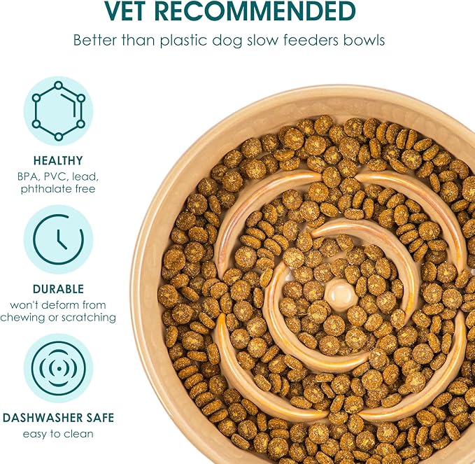 vancasso Slow Feeder Dog Bowl, 3 Cups Ceramic Slow Feeder for Large Breed, Puzzle Maze Dog Food Bowl for Fast Eater, Khaki