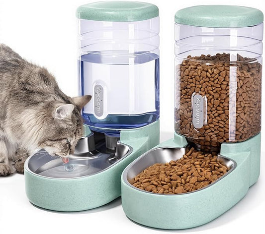 Automatic Cat Feeder and Water Dispenser with Stainless Steel Bowl Gravity Food Feeder and Waterer Set for Small Medium Dog Puppy Kitten 1 Gallon x 2(Green)