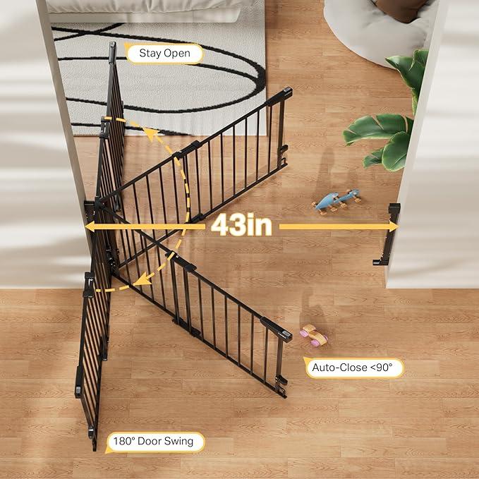 Cumbor 34" Extra Tall No Bottom Bar Baby Gate for Stairs, Wall Mounted Dog Gate Indoor for Larger Pets, Expandable 29.2-43" Safety Gate for Doorways, Wide Walk Thru Door for Easy Access (Black)