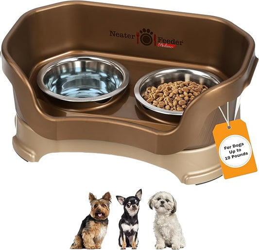Neater Pet Brands Neater Feeder Deluxe Mess Proof Dog Bowls Elevated for Small Dogs Under 19 lbs, Made in USA, No Spill Raised Dog Food Bowl Stand Feeding Station, Food and Water Bowl Set, Bronze