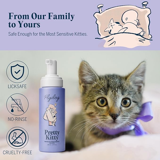 Pretty Kitty Waterless Cat Dry Shampoo with Grooming Glove (Left-Handed)– No Rinse, Lick-Safe, Moisturizing for Dry Skin, Dandruff, Deshedding, Wash Soap Spray Foam for Kitten
