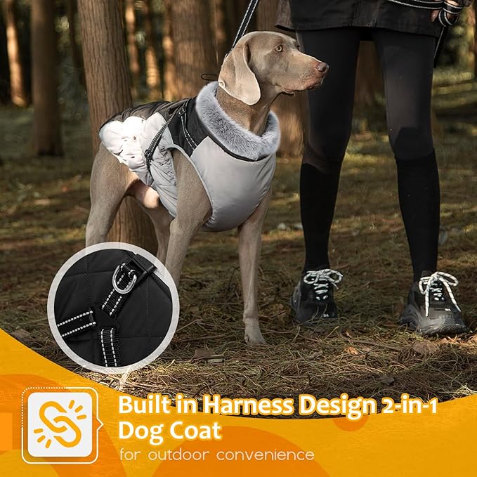 Dog Winter Coat with Harness, Dog Jacket, Pet Clothes with Zipper on Back, Waterproof Windproof Warm Vest, Reflective Cold Weather Coats, for Small Medium Large Dogs, Thick, Black, L