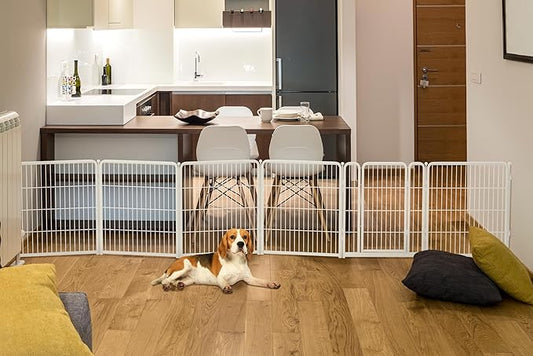 FXW Dog Gate Extra Wide Designed for Indoor Use, Adjustable Width Up to 165-inch Wide (32" H 6 Wire Panels for Small and Medium Dogs), White