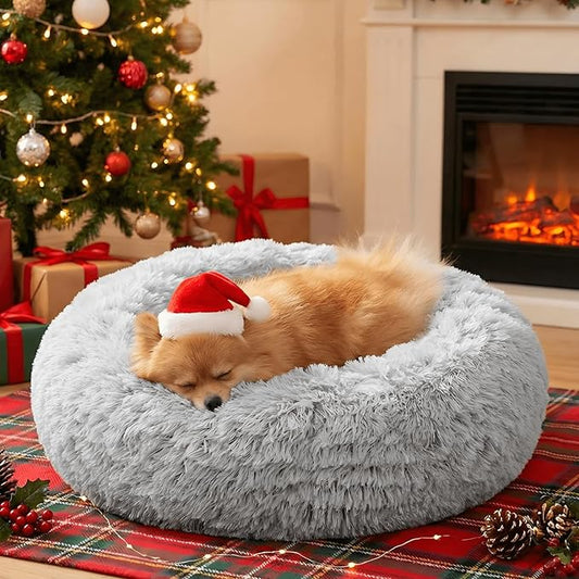JOLLYVOGUE Calming Small Dog & Cat Bed for Indoor Cats - 20 inches Washable Donut Bed for Kittens & Puppies, Anti-Anxiety Round Fluffy Plush Pet Beds (Fits up to 15 lbs, Grey)
