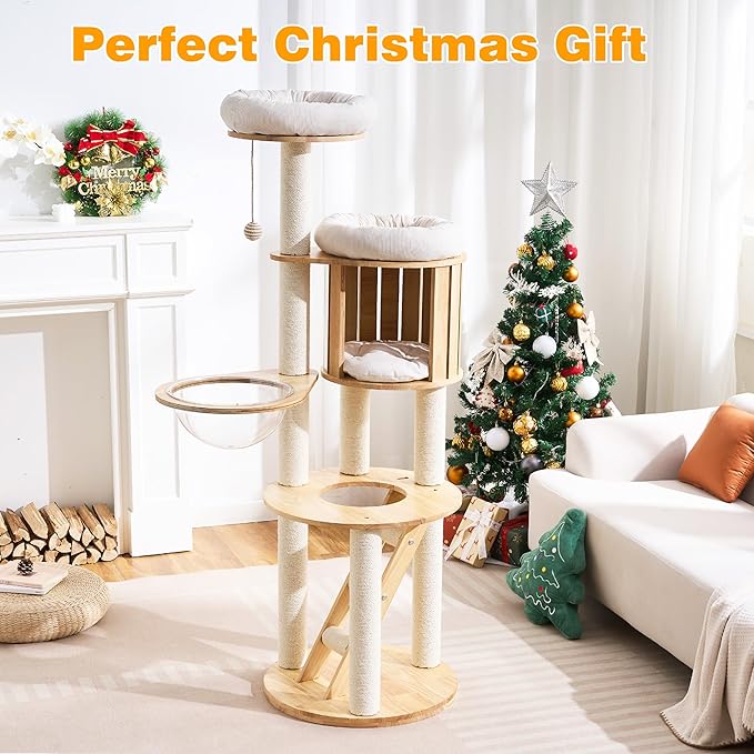 Cat Tree Modern Cat Tower for Large Cat with Scratching Post for Indoor, Solid Wood Multifunctional Cat Tower with Condo, Bed, Ladder, Space Capsule, Dangling Ball