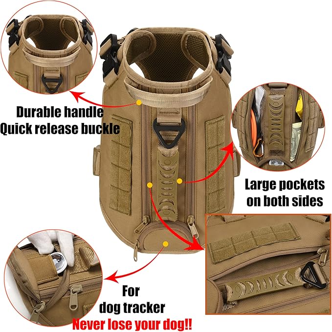 Tactical Dog Backpack Harness for Large Breed Original Design Metal Buckle Vest with Side Bags Pouches for Service Working Training (Khaki (Vest only), L)