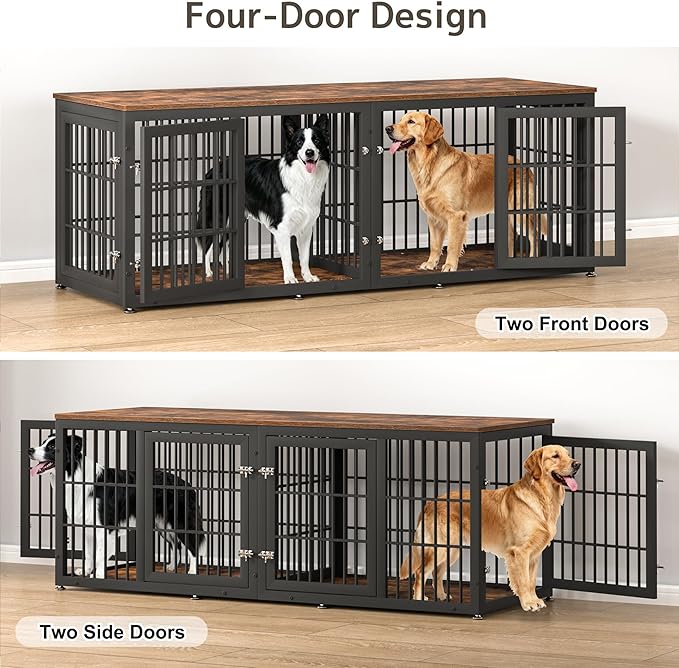 78 Inch Double Dog Crate Furniture, Heavy Duty Extra Large Cage Furniture with Divider for 2 Dogs, Decorative Wooden Kennel Furniture Indoor, Metal Pet House for Large and Medium Dogs