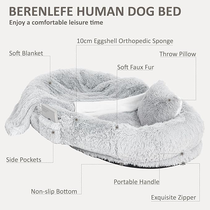 71" Human Dog Bed for Adult, Giant Orthopedic Memory Foam Dog Sofa Bed, Large Oversize Washable Faux Fur Pet Couch with Plump Pillow, Blanket, Strap - Light Grey