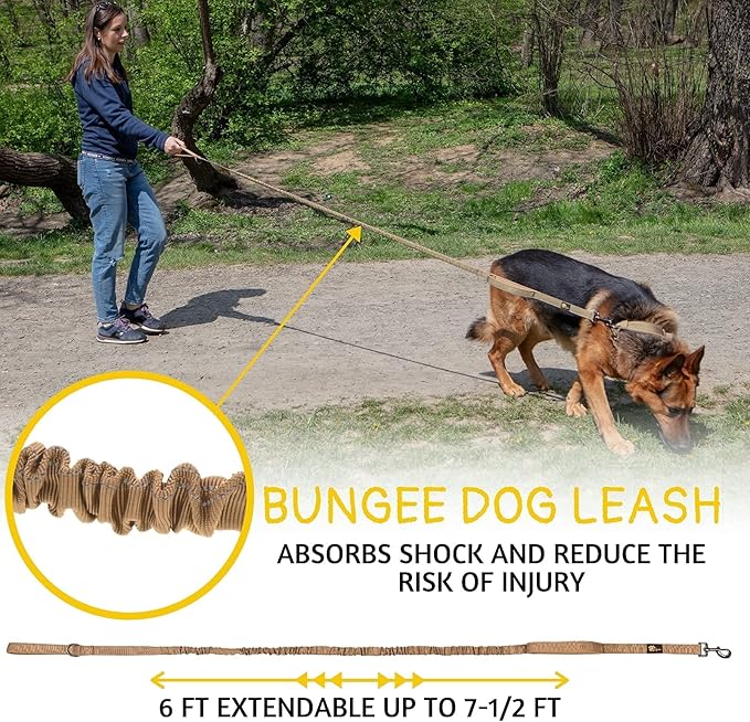 ADITYNA Tactical Bungee Dog Leash 6ft-7.5ft - Shock Absorbing Lead with 2 Padded Handles, Metal Clasp, Car Seatbelt - Heavy Duty No Pull for Medium, Large & XL Breeds