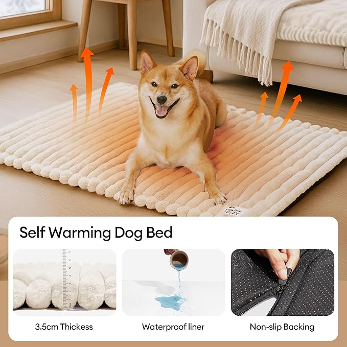 FUNNY FUZZY Self Warming Cat Bed, Waterproof Corduroy Fleece Warm Self Heating Pad for Cats & Dogs, Non-Skid Thermal Pet Mat Indoor with Removable Washable Cover - ThermoPad, 25.5"×17.7", Cream White