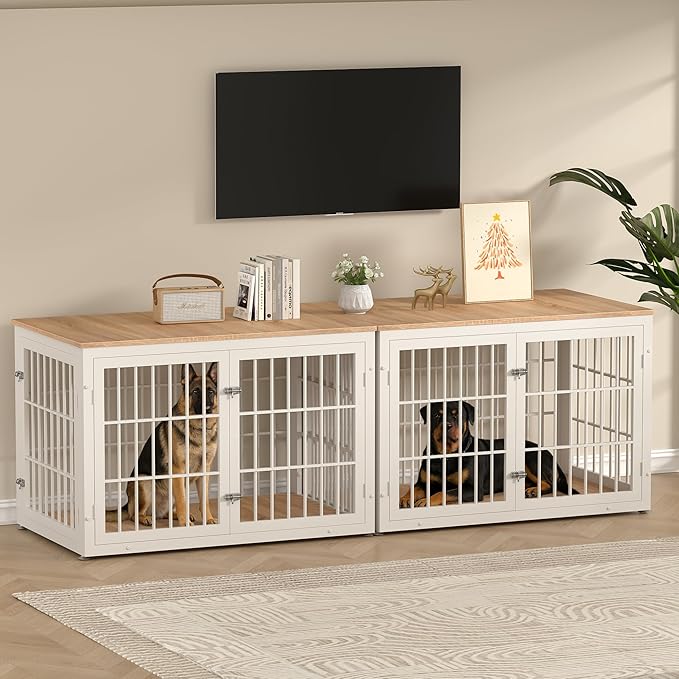 48 Inch Heavy Duty Dog Crate Furniture for Large Dogs, Decorative Pet House End Table, Extra Large Wooden Cage Kennel Furniture Indoor, Natural and White