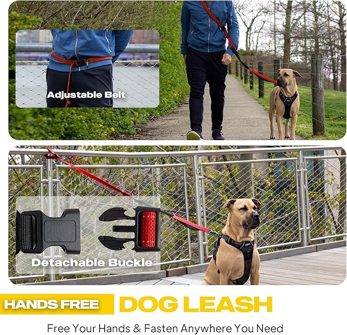 Fida 6-in-1 Hands Free Dog Leash Heavy Duty, Reflective Wasit Corssbody Dog Leash with Car Seat Clip | Adjustable for Running Hiking | Shock Absorbing Bungee, Dual Padded Detachable Handles (Red)