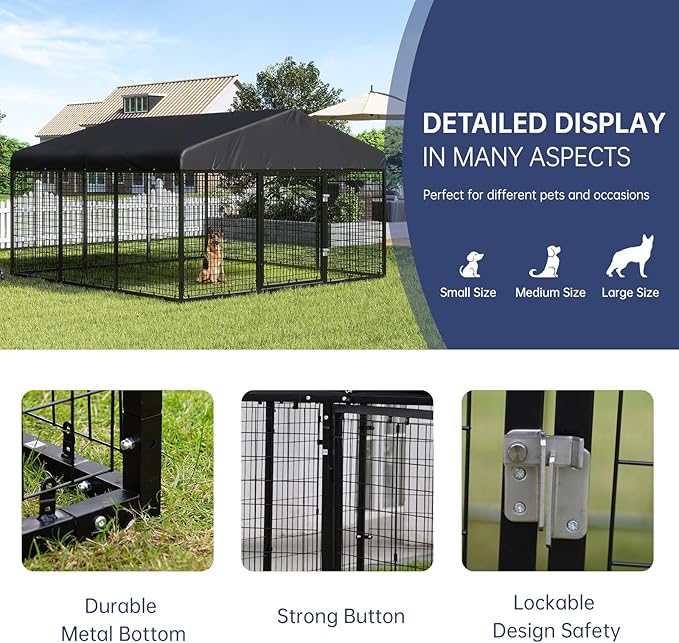 118" x 118" Outdoor Dog Kennel Steel Ideal Dog Fence for Medium/Small Dogs Anti-Rust Coating Cage with Roof All Weather Resistant Dog House with Double Locks
