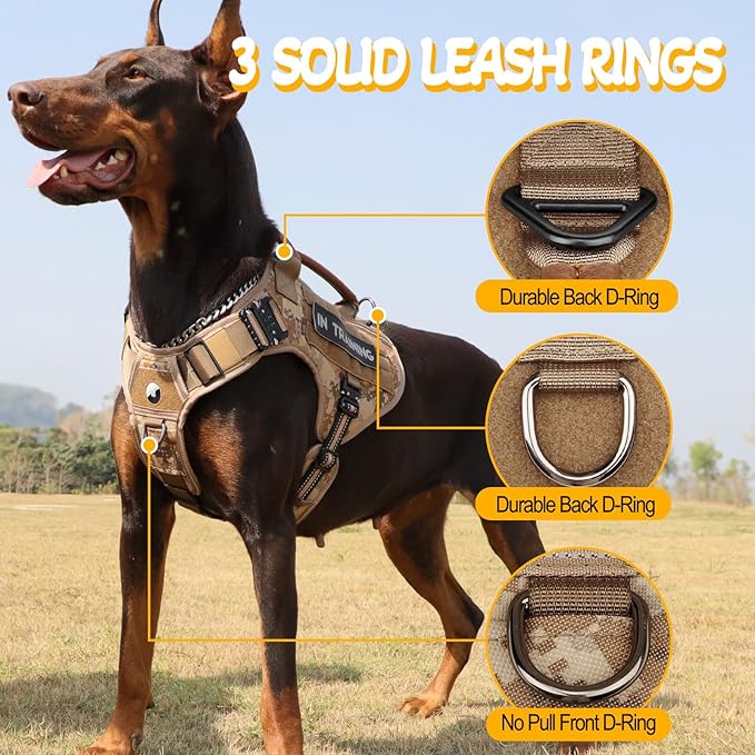 Service Dog Vest - HEYCAHVA Tactical Dog Harness Full Metal Buckles Dog Vest for Large Medium Dog Reflective No Pull Dog Harnesses with Leather Handle, Hook & Loop for Hiking Training (Desert Camo, L)